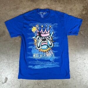 Vintage Y2K Ed Hardy blue graphic tee with crown bulldog design Men's Size M
